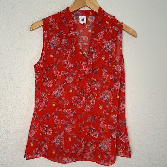 CAbi Red Floral Chiffon Sheer Ruffle Tank Top Fall Office Preppy Sleeveless - Picture 2 of 6